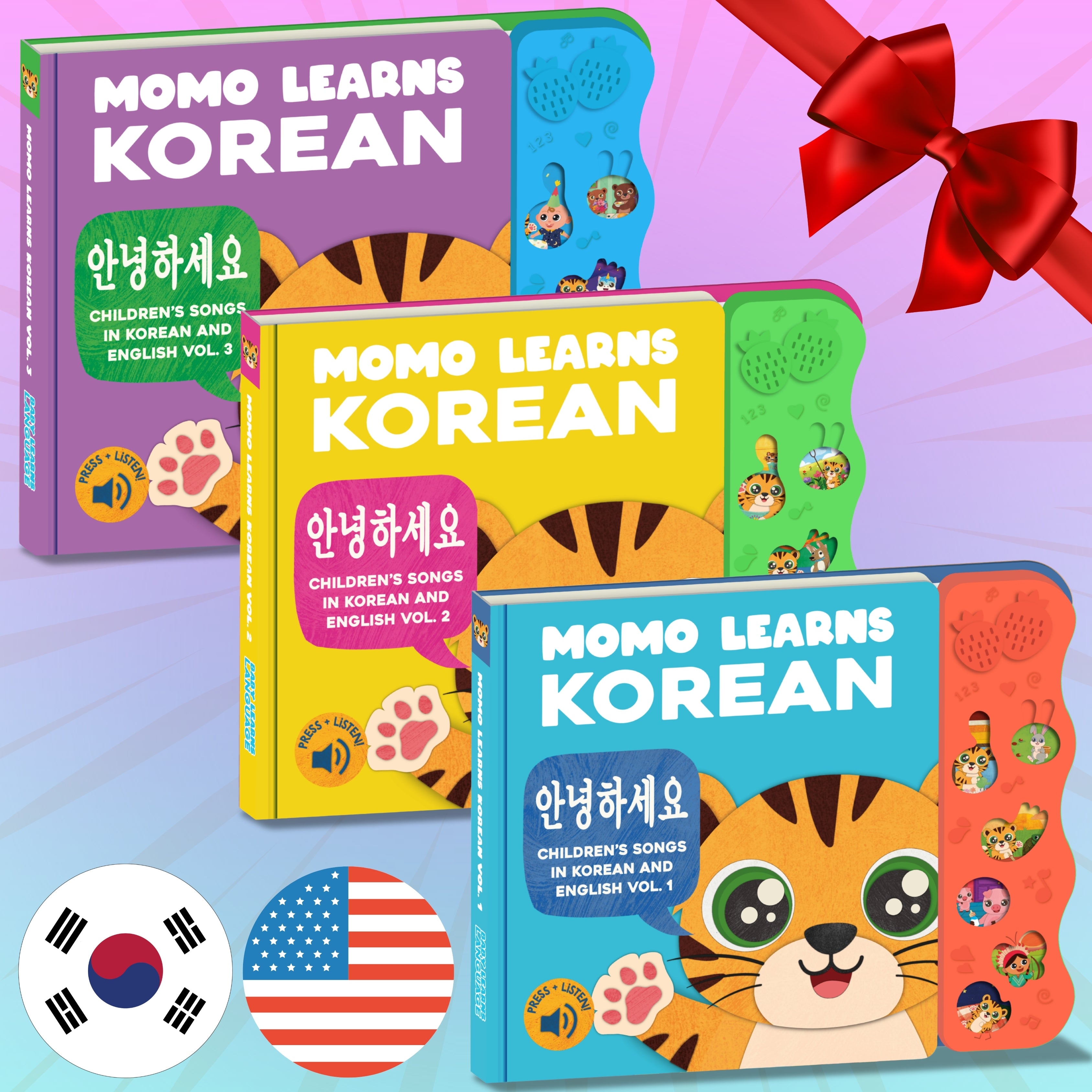 Three 'Momo Learns Korean' books with colorful covers and a red ribbon on a gradient background.
