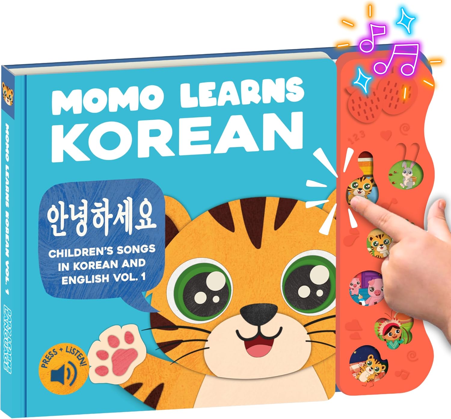Children's book titled 'Momo Learns Korean' with a tiger character on the cover.