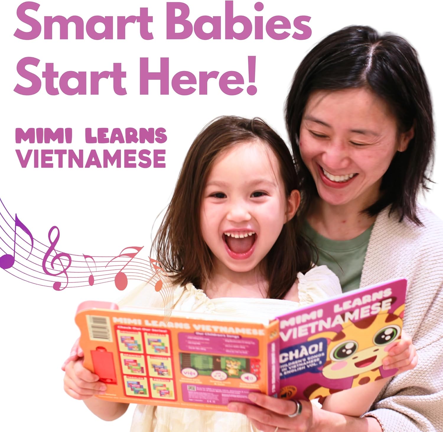 Woman and child holding a book titled 'Mimi Learns Vietnamese' with music notes on a white background.