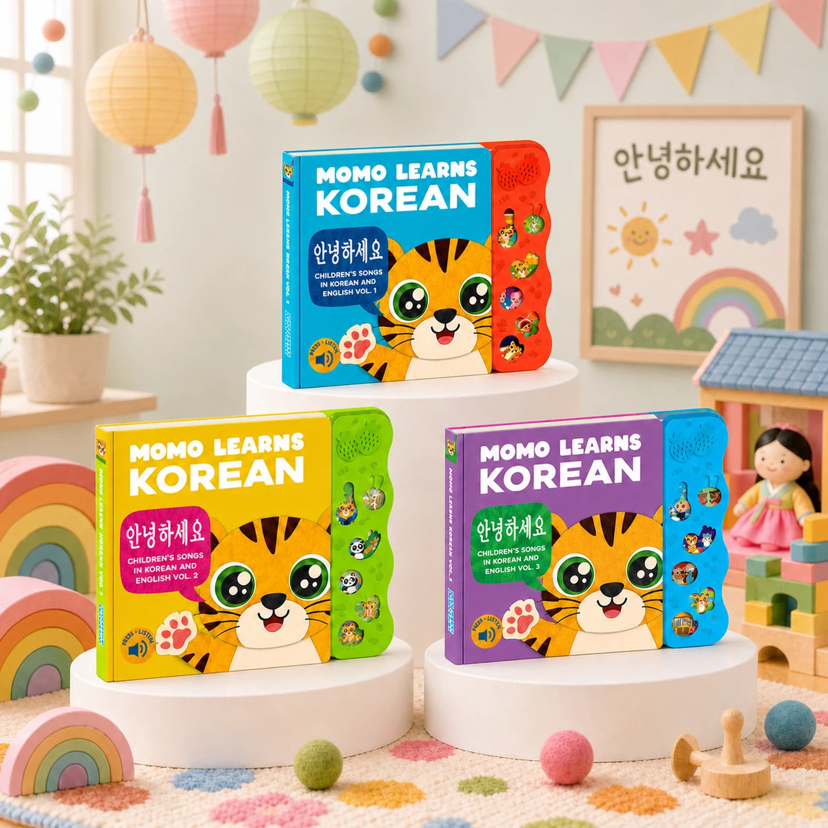 Children's books titled 'Momo Learns Korean' on a white pedestal with colorful decorations in the background.