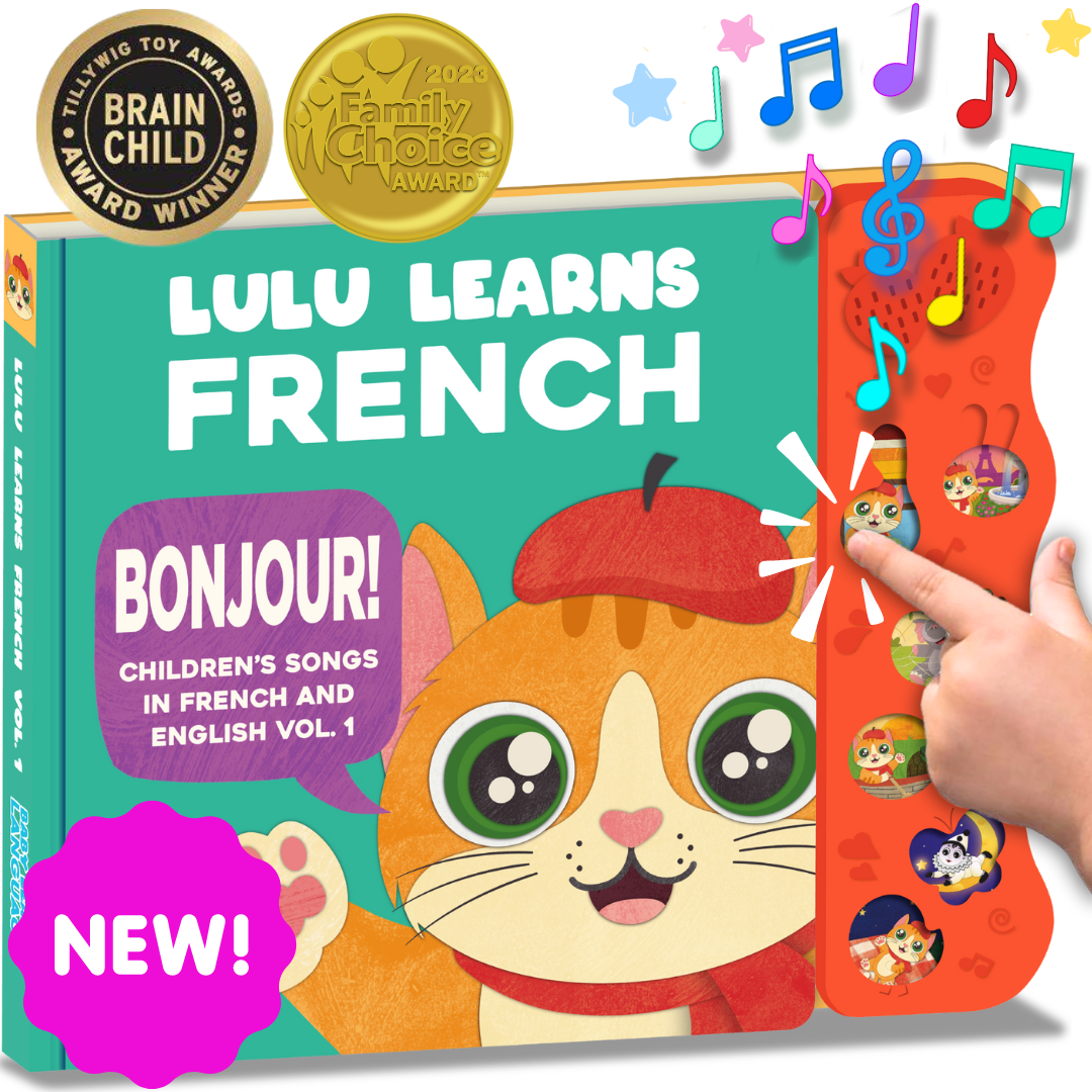 Cover of 'Lulu Learns French Vol. 1' featuring a cartoon cat with a French hat and the Brain Child Award logo, along with illustrations of French flags and musical notes.